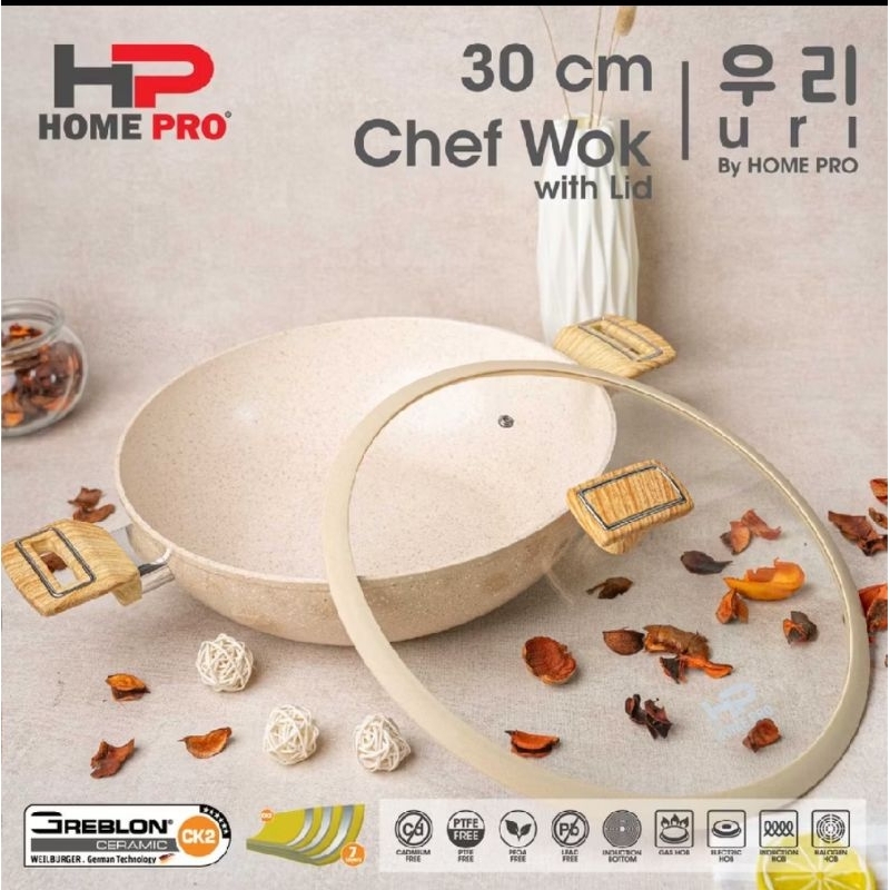 HOME PRO Uri Series Granite Ceramic Chef Wok 30 cm With Lid Wajan Penggorengan Anti Lengket