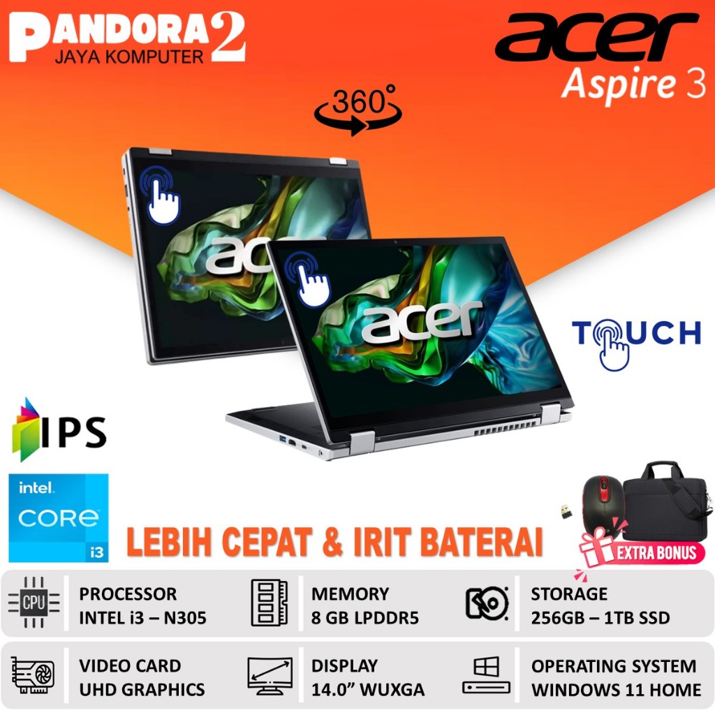 Laptop ACER Aspire 3 Spin 14 Touchscreen Core i3 Gen 13 N305 8GB 512GB Windows 11 Baru