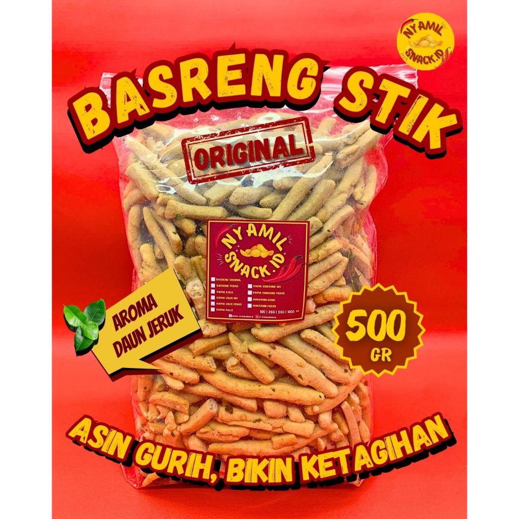 

NYAMILSNACK Basreng Stik Original PREMIUM Keripik Asin Gurih Asin Jeletot Bastik Baso Goreng Daun Jeruk Snack Kiloan 500 GR