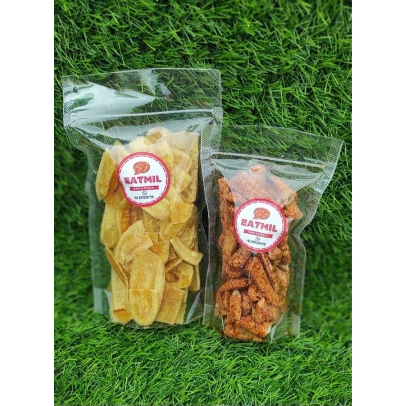 

Jajanan cemilan paket bundling keripik pisang gurih asin 50gr dan basreng stik pedas 75gr