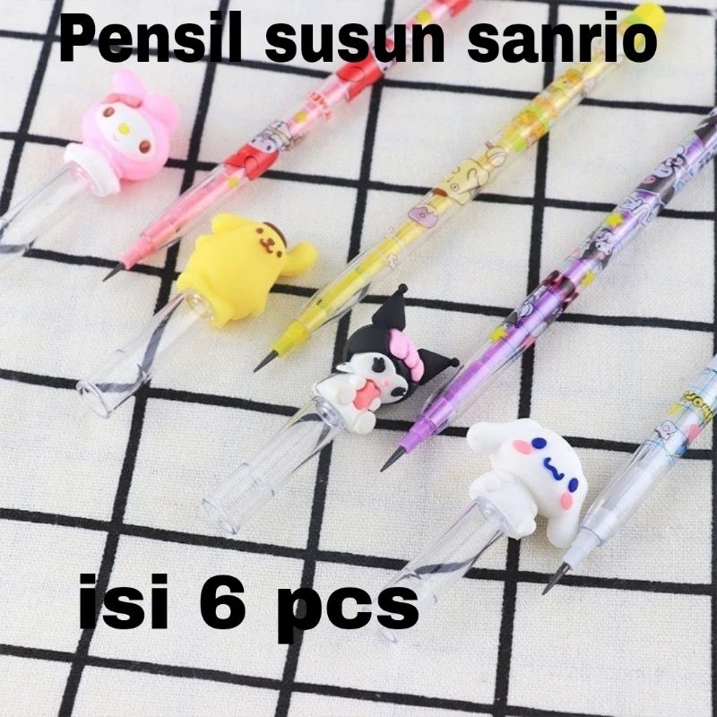 

6PCS PENSIL SUSUN SANRIO PENSIL BERKARAKTER LUCU ALAT TULIS SEKOLAH PENSIL SUSUN ISI ULANG PENSIL TULIS