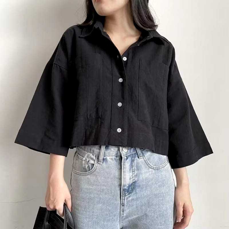 outer linen/kemeja crop/outer korea/kemeja wanita