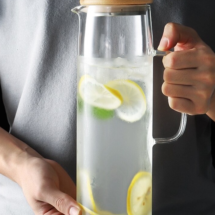 FG2 Teko Pitcher Jug Kaca Tahan Panas dengan Tutup Kayu  Teko Tempat Minuman Bahan Kaca Tahan Panas