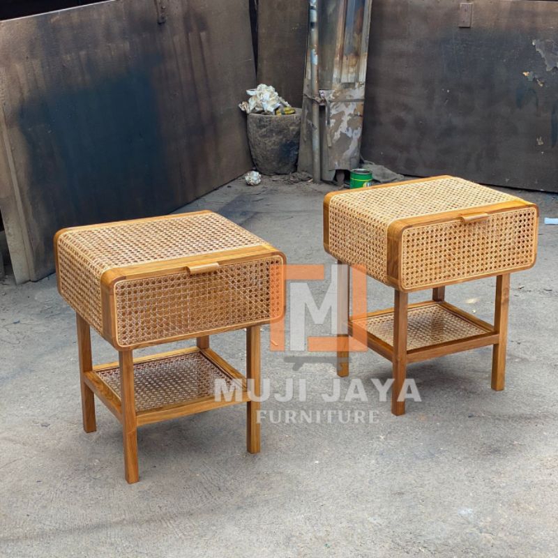 NAKAS minimalis tempat penyimpanan 1 laci kayu jati kombinasi rotan asli
