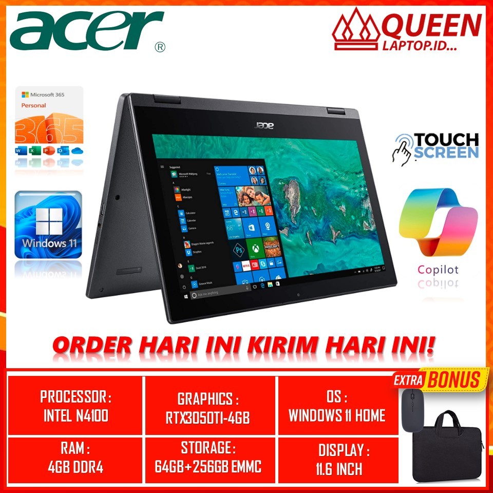 LAPTOP 2IN1 TOUCHSCREEN ACER ASPIRE SPIN 1 SP111 INTEL N4100 RAM 4GB 64GB+256GB EMMC WIN11HOME TERLA