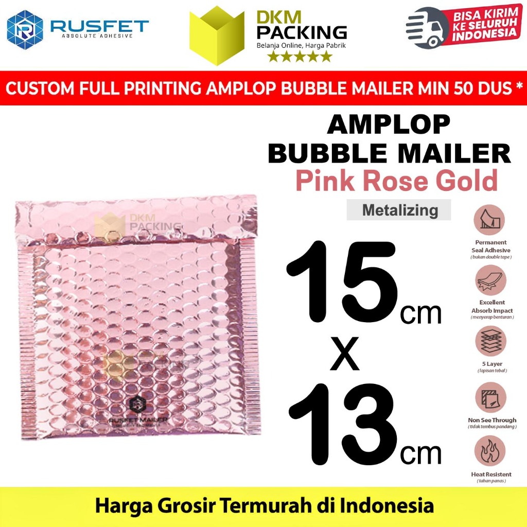 AMPLOP BUBBLE MAILER PINK ROSE GOLD 15X13cm BUBBLE WRAP ENVELOPE RUSFET PREMIUM/TERMURAH