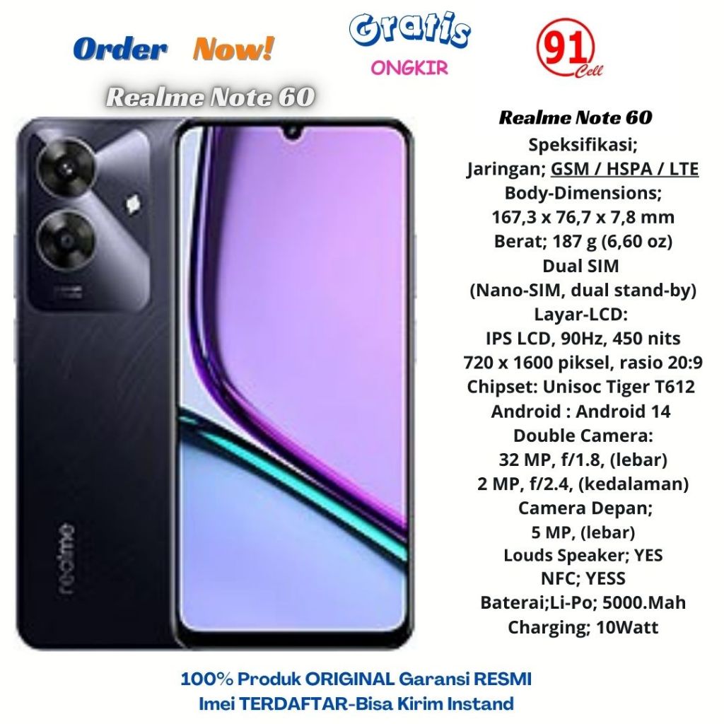 Realme Note 60 4G (Ram4/64Gb) & (Ram6/128Gb) Original Garansi Resmi