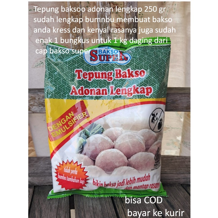 

Tepung baksoo adonan lengkap 250 gr sudah lengkap bumnbu membuat bakso anda kress dan kenyal rasanya juga sudah enak 1 bungkus untuk 1 kg daging dari cap bakso super