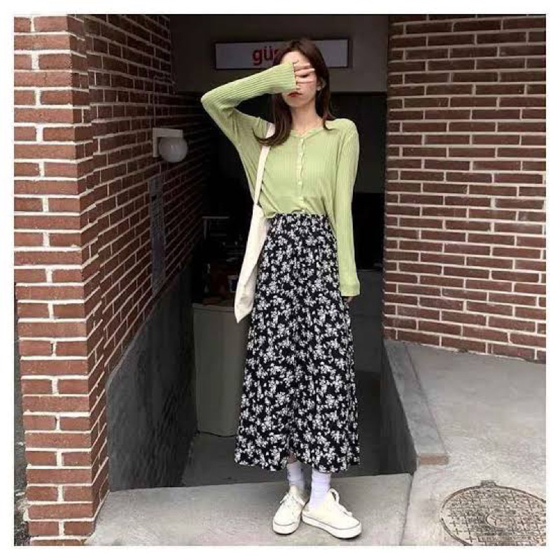Rok Wanita Panjang Skirt Korean Style Rok Motif Bunga Long Skirt
