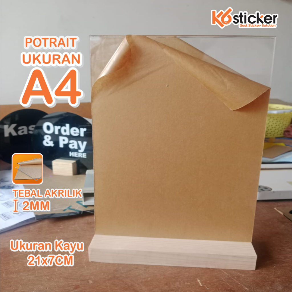 

Akrilik TEMPAT BROSUR / TENT HOLDER / TENT CARD AKRILIK DISPLAY UKURAN A4/ Kaki kayu