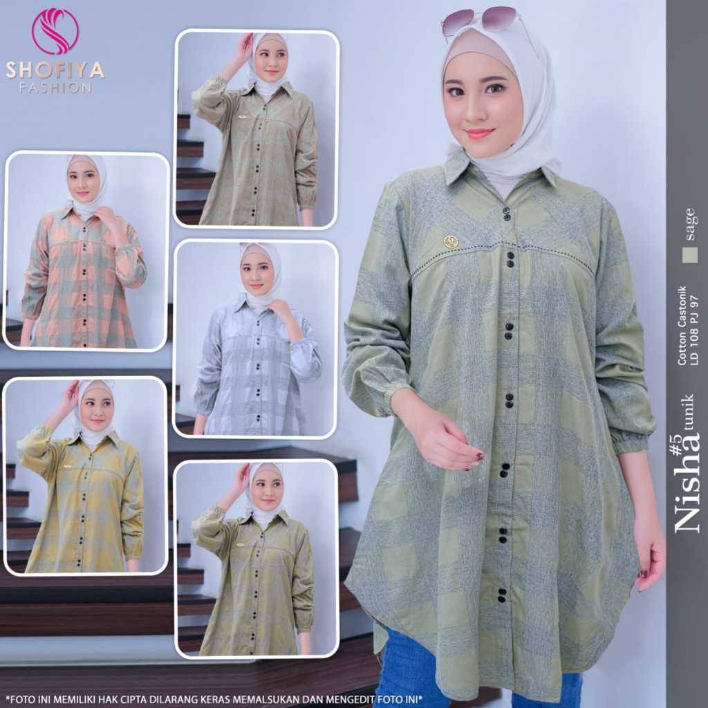 Tunik5 kemaja atasan wanita muslim jumbo ld 108 bahan katun kotak kotak kekinian terbaru 2024