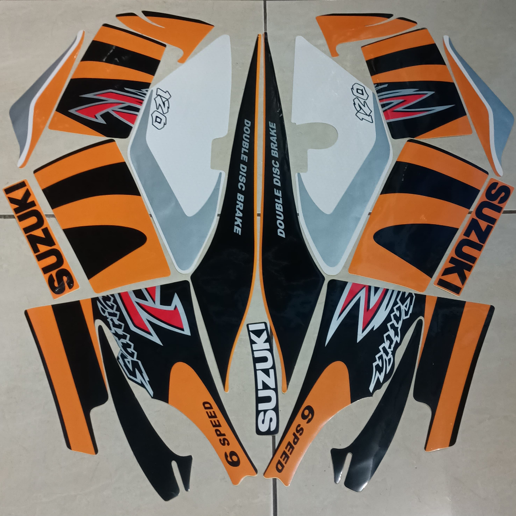 stiker striping suzuki satria 120 r 2002 oren hitam satria lumba lis body standar berkualitas origin