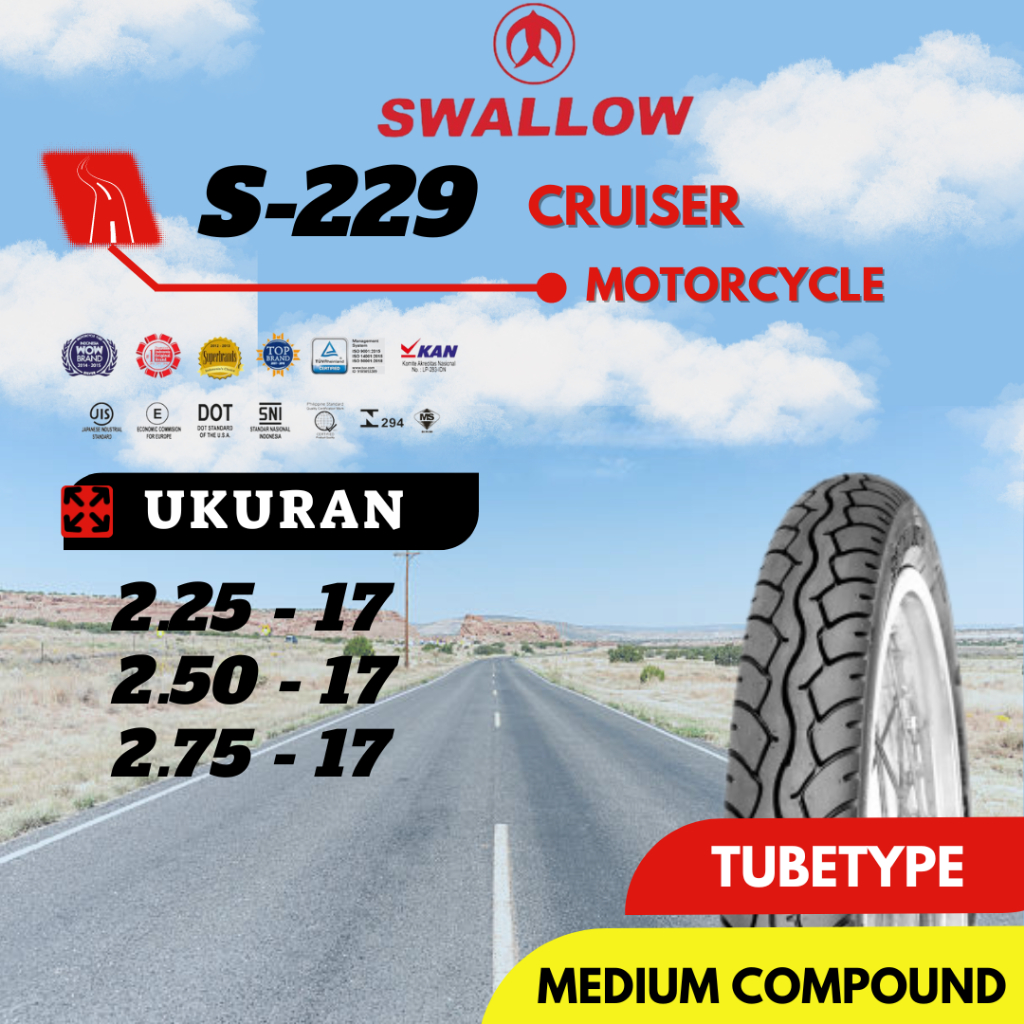 BAN LUAR SEPEDA MOTOR SWALLOW S-229 CRUISER 225 250 275 RING 17 TUBETYPE