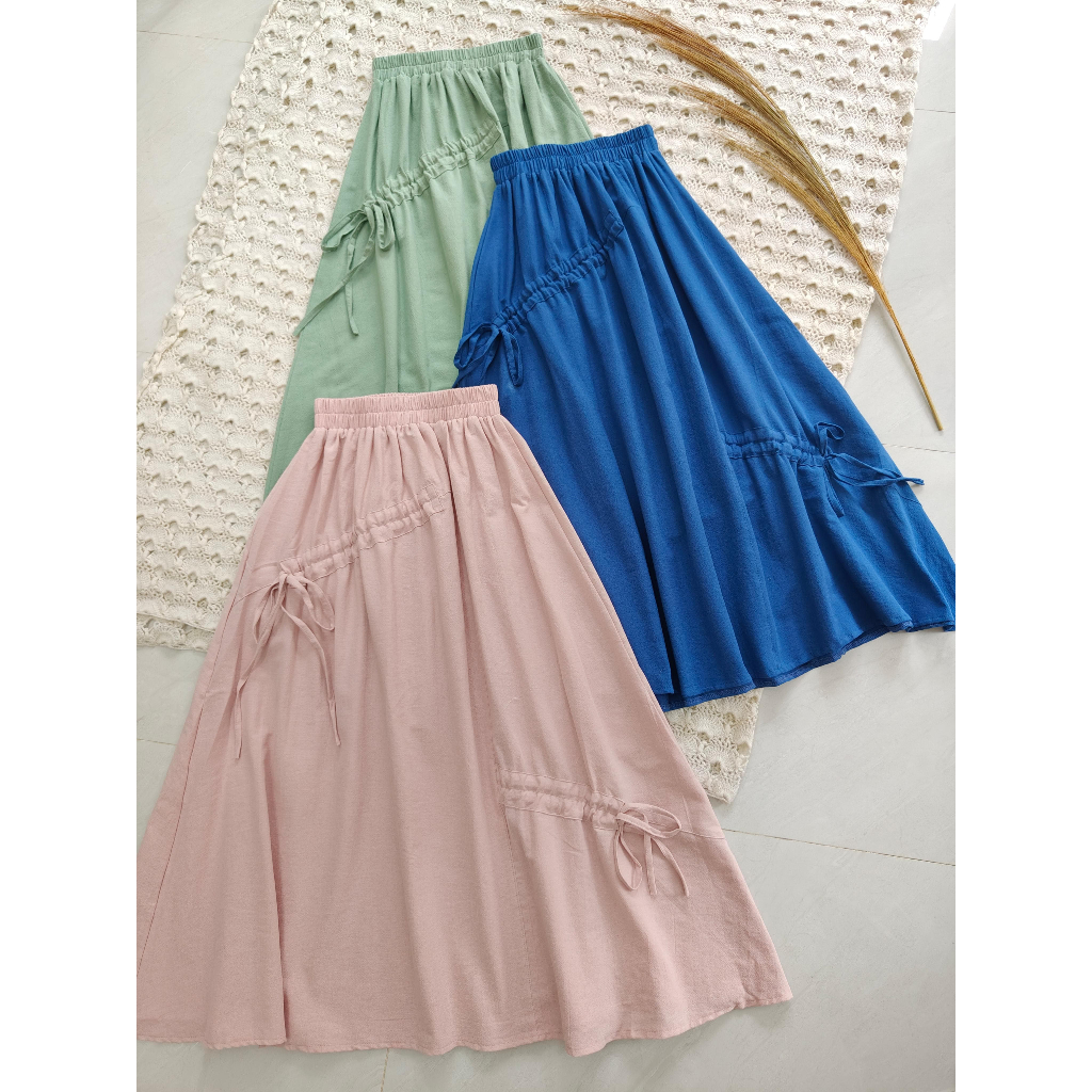 Rok katun payung maxi wanita linen payung serut casual formil