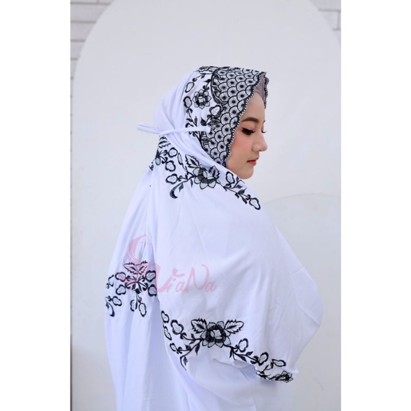 MUKENA DEWASA BORDIR LAJURAN POLINO PUTIH BORDIR DAUN HITAM BUNGA WARNA | MUKENAH TERUSAN/LANGSUNGAN