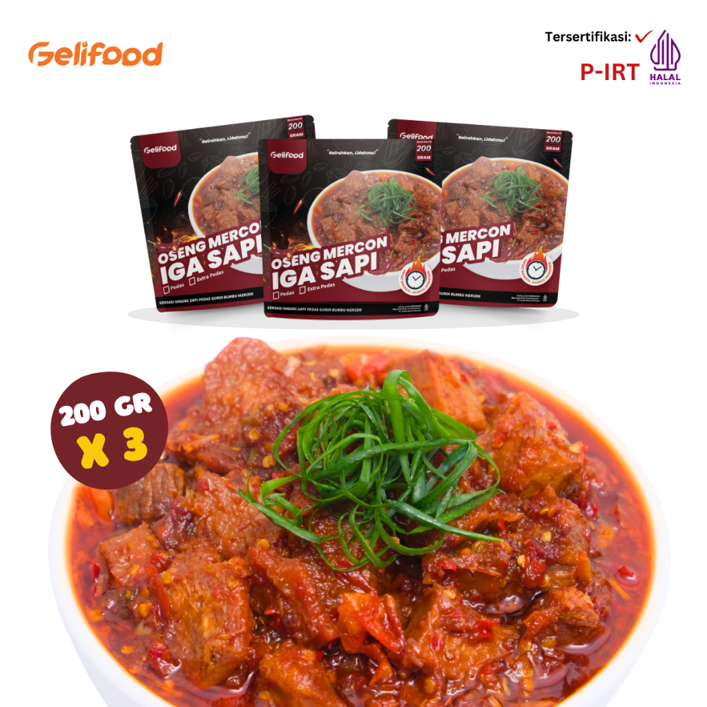 

Geli Food - Paket Kombo 3 Oseng Mercon Iga Sapi Bumbu Mercon Siap Saji (200x3)gram