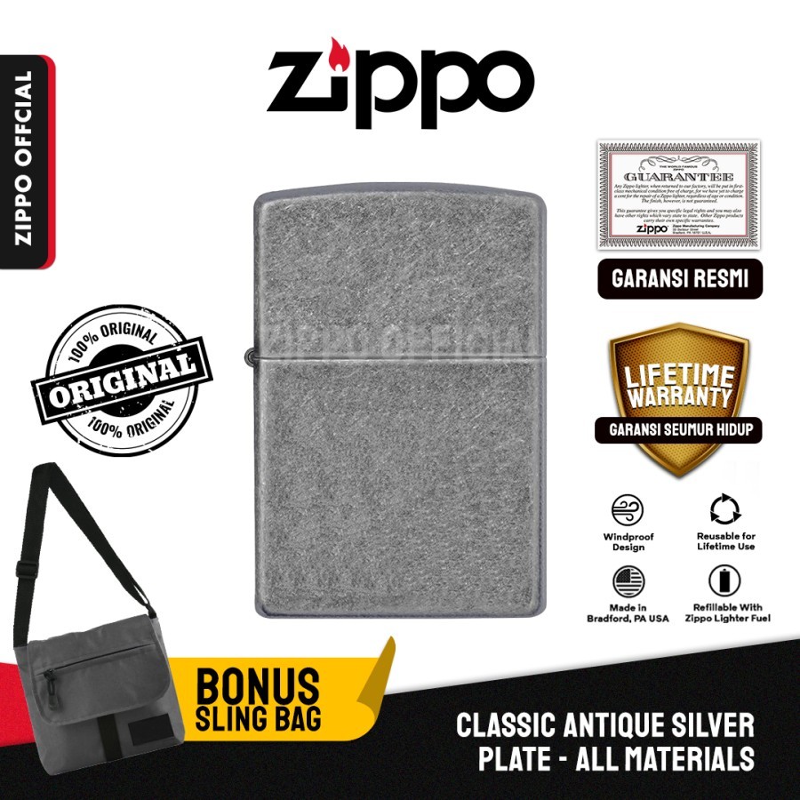 Zippo Classic Antique Silver Plate 121FB | Garansi Lifetime | Original USA