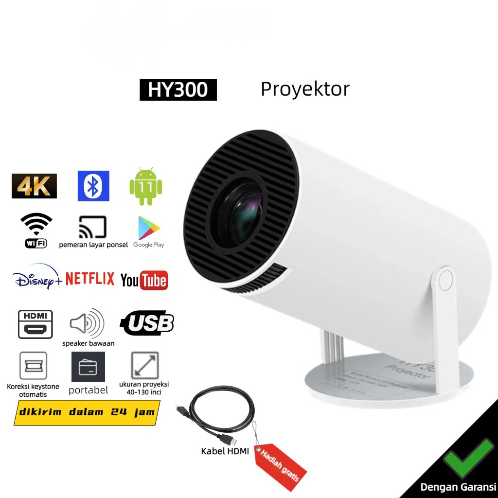 YGDS HY300 Proyektor Android 11.0 Bluetooth Proyektor 2.4+5G Wifi 6 Portabel Mini