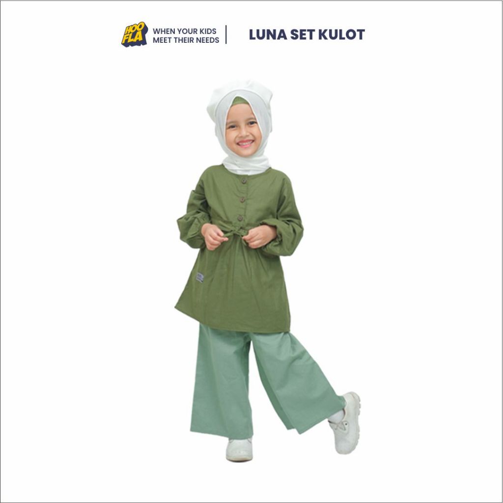 Hoofla Kids LUNA Setelan Blouse Kemeja Kulot Anak Perempuan Muslim 3-12 Tahun Hijau Army