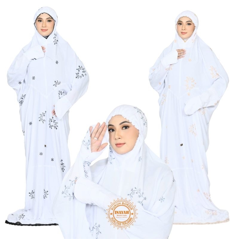 INAYAH - Mukena Terusan Lajuran Dewasa Putih Bordir Bunga Lovely Katun Rayon