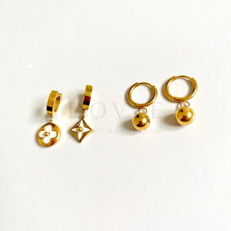TITANIUM LV Boba Earring | anting jepit giwang jurai bunga clover LV bulat cantik gold - anti karat 