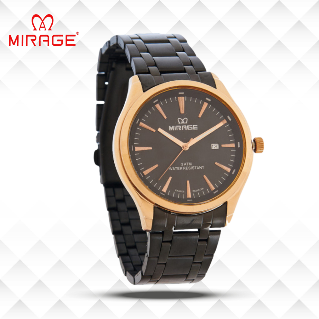 Mirage Jam Tangan Pria Analog 8754 M Black Rose Gold Original Stainless