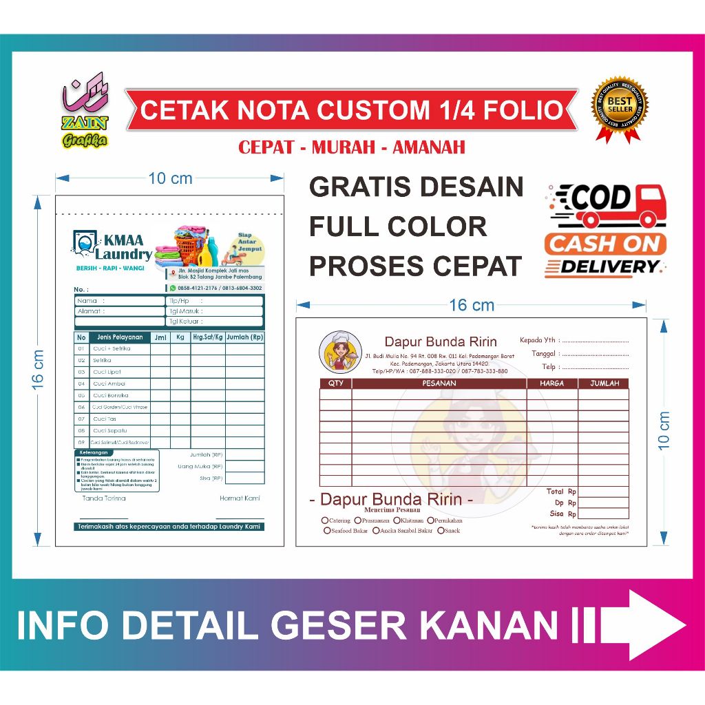 

cetak nota custom ukuran 1/4 Gratis Desain Gratis Logo Bebas Nama Sendiri Zain Grafika