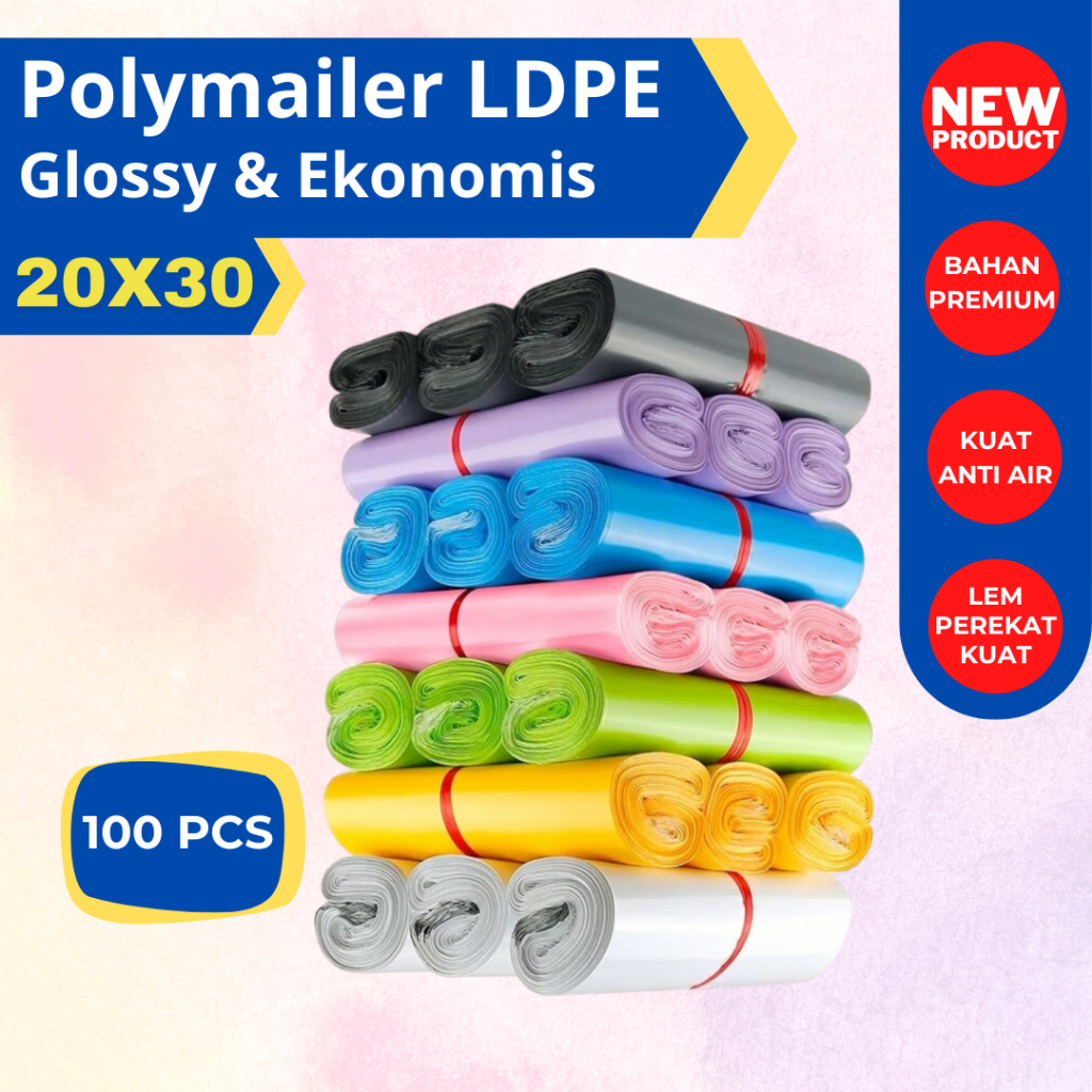 

Polymailer 20x30 {100lembar} LDPE Premium Glossy A, Glossy B, Ekonomis | Plastik packing lem perekat