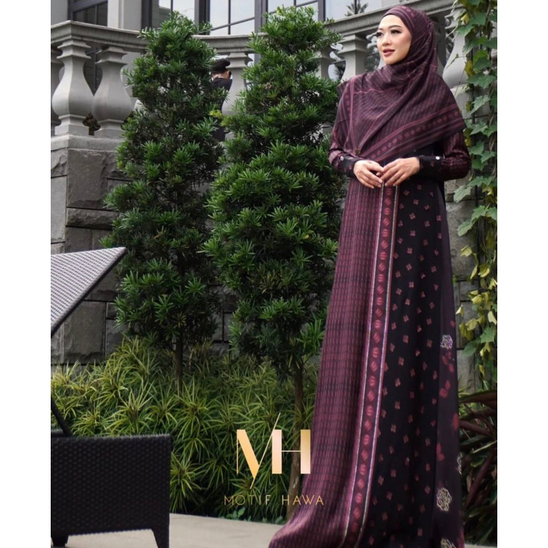 Gamis syari brand MH motif hawa syari set sracf