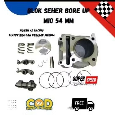 PAKET BLOK SEHER BORE UP 54mm (130cc)+NOKEN AS RACING+PELATUK RRA+PER KLEP SWEDIA 32mm PNP Mio Sport
