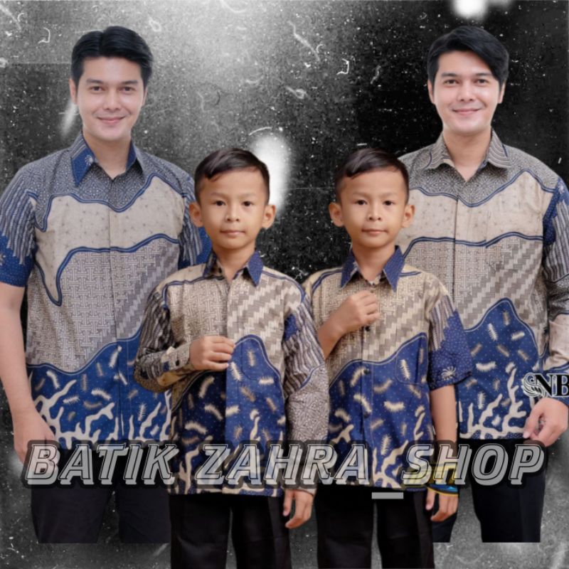 Kemeja Batik Anak Laki-laki Lengan Panjang Couple Batik Ayah dan Anak Cowok Warna Biru Navy Batik Mo