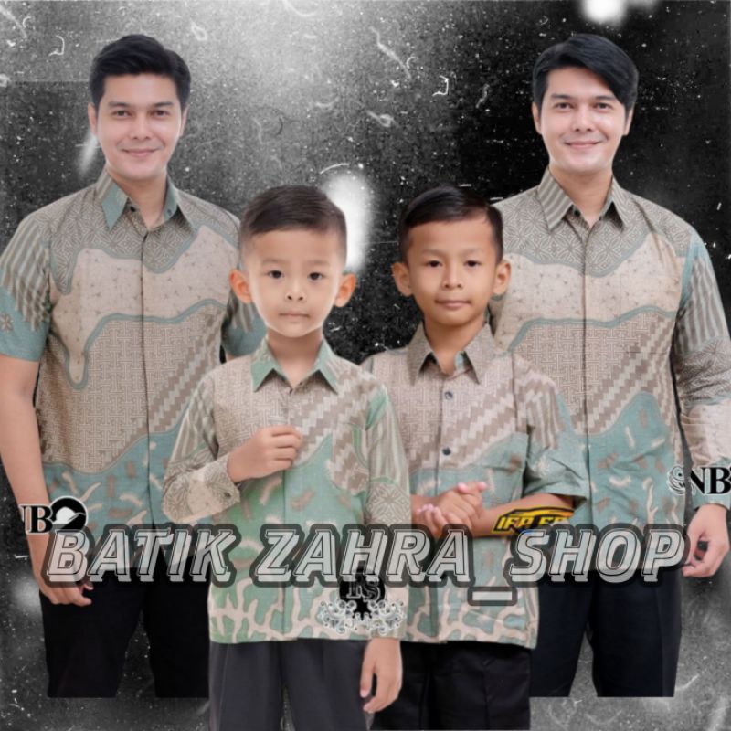 Kemeja Batik Anak Laki-laki Lengan Panjang Couple Batik Ayah dan Anak Cowok Warna Hijau Sage Batik M