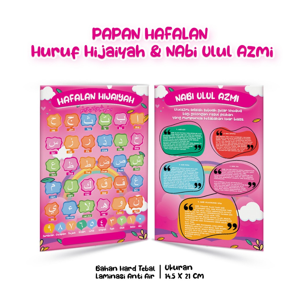 

Table Papan Hapalan Custom + Nama Huruf Hijaiyah & Ulul Azmi Bahan Hard Tebal Laminasi Anti Air , Depan Belakang Varian Warna Pink