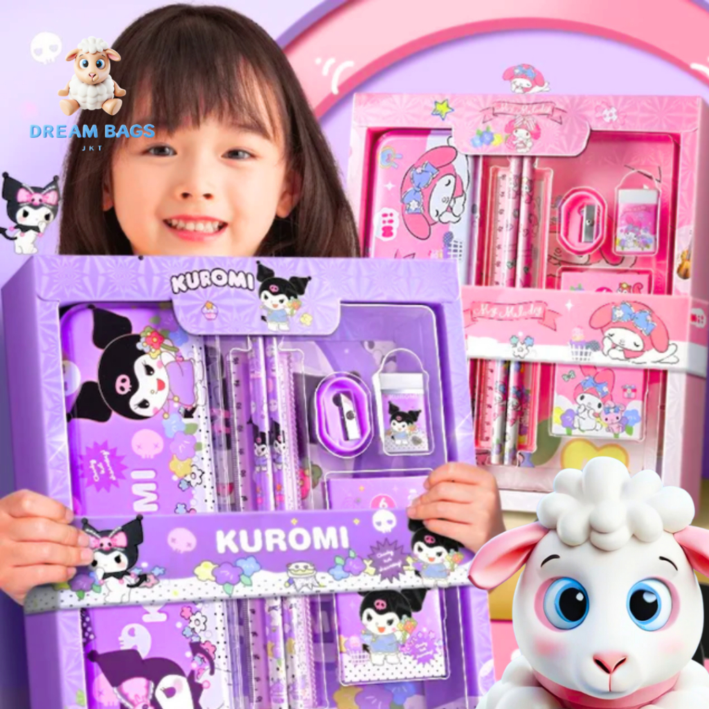 

Set Alat Tulis Sekolah Karakter Kuromi Cinamonrol My Melody 7 In 1 - DREAM BAGS Student Set