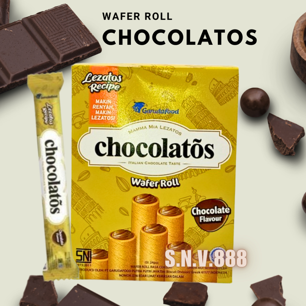 

Wafer Chocolatos Lezatos Stick Wafer Rasa Coklat Lapisan Coklat Lumer lapisan Luar Gurih Renyah 1 Box Isi 24 pcs Jajanan Murah Favorit