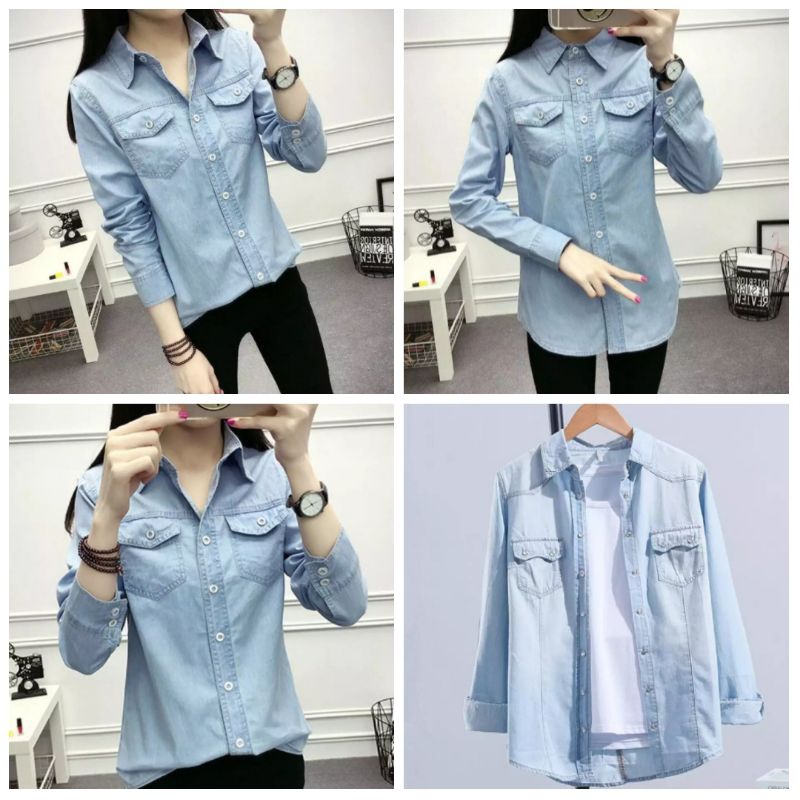 COD Kemeja Denim Wanita Lengan Panjang/Kemeja Wanita Polos Terbaru Nyaman Dipakai/Atasan Wanita Rema