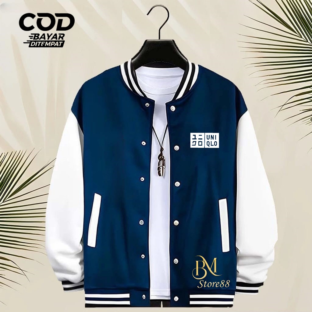 LANSUNG COD Jaket Bomber Varsity Baseball Kancing Uniqlo Text Putih Jaket Varsity Pria / Baseball Di