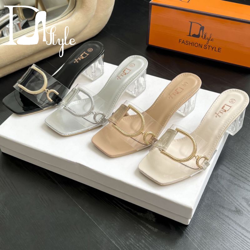 9CM DS Transparent Slippers Glass Chunky Heels Classy Sandals for Women