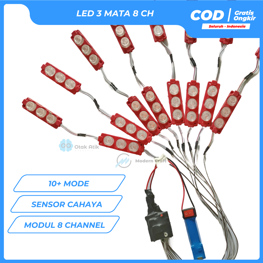 Lampu LED 12V 3 mata modul layangan tenaga baterai cas dengan sensor cahaya [ 8 - 16 LED ]