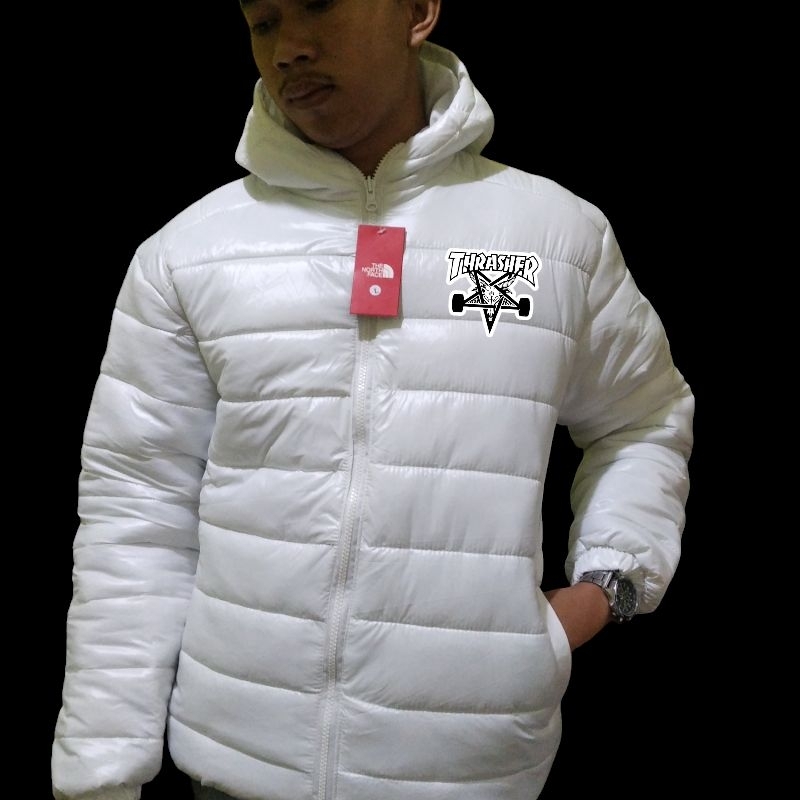 JAKET OUTDOR PUFFER FULL DAKRON BULANG WARNA PUTIH SABLON THRS