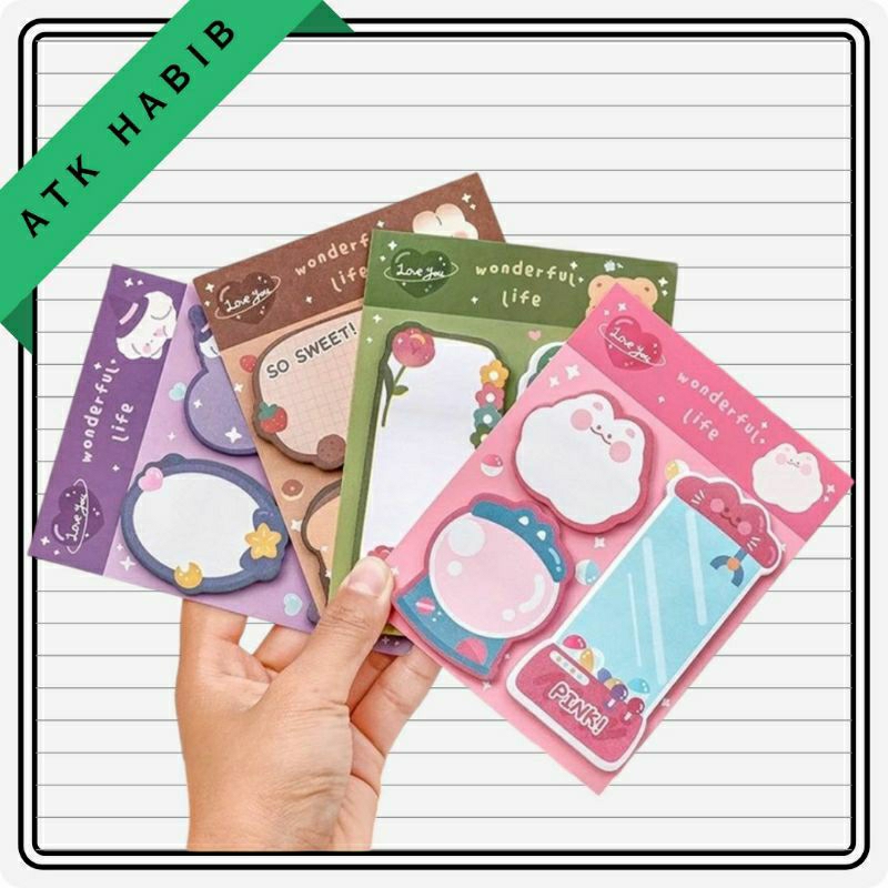 

SMS Sticky Notes Lucu 3 IN 1 Tempelan Kertas Catatan 60 Lembar Notes Kertas Tempel Karakter Bear Cat Rabbit Pembatas Buku Motif
