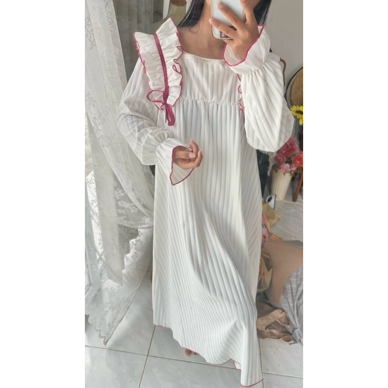 Dress Picnic Pajamas Party Pantai Merah Muda Dress Pink Putri Lengan Panjang