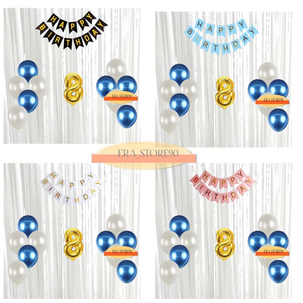 Paket Set Dekorasi Ulang Tahun Balon Metalik Banner Happy Birthday Tirai Putih