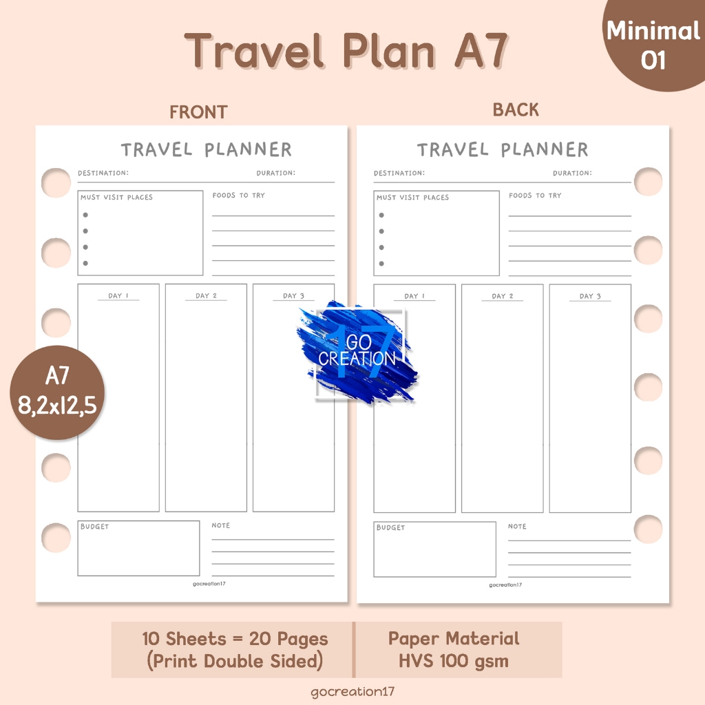 

Buku Planner Refill Kertas Isi Binder Travel Plan Simple Minimalis A7