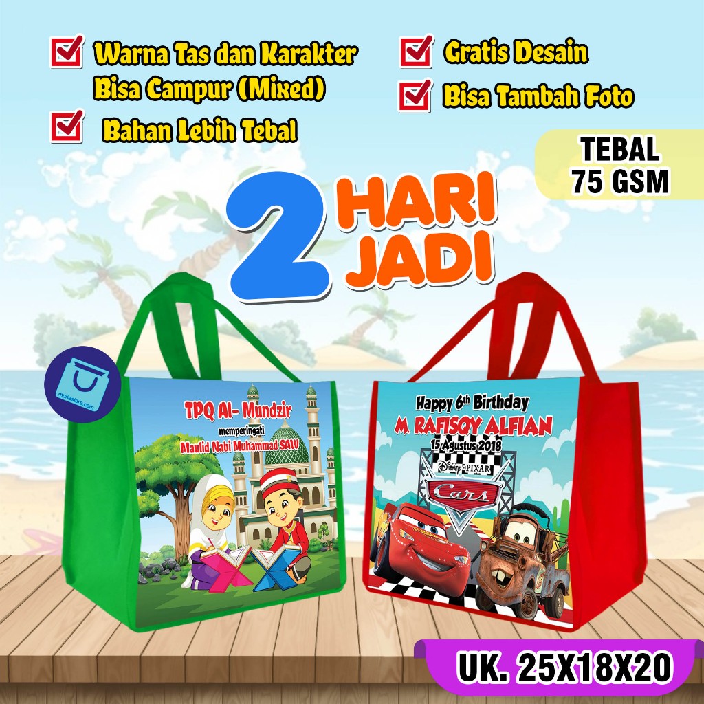 

TAS GOODIE BAG ULANG TAHUN BENTO DAN BINGKISAN SNACK CUSTOM NAMA ANAK UK 25 x 18 x 20 - BAHAN TEBAL 75 GSM