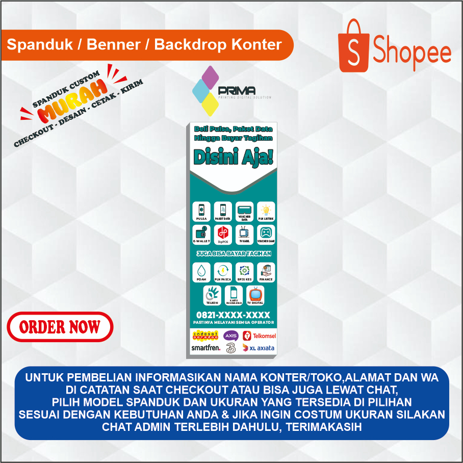 SPANDUK BENNER SPANDUK KONTER PULSA BERDIRI CUSTOM UKURAN 160X60 cm