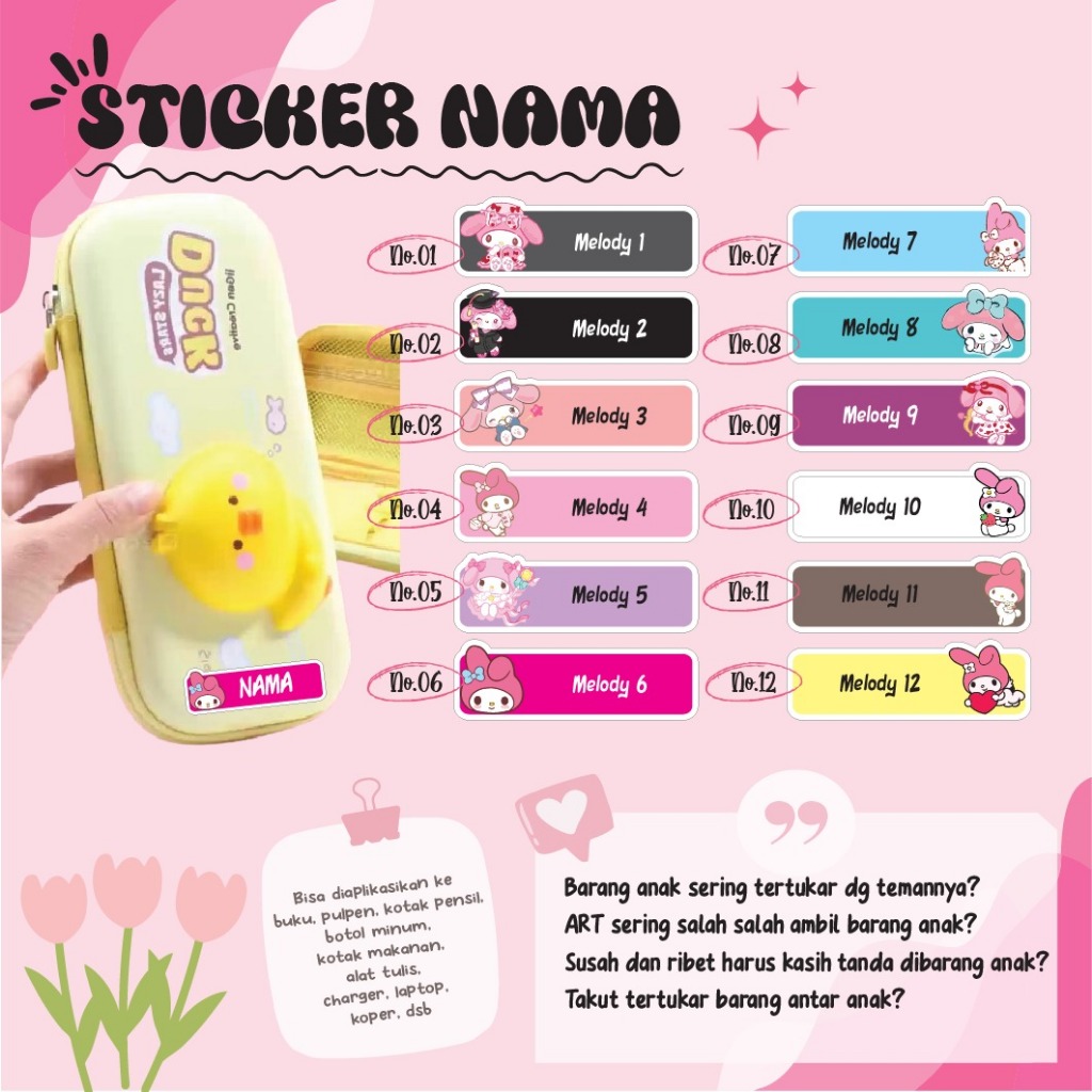 

STICKER LABEL NAMA ANIME SANRIO MY MELODY CUTE PINK VERSION STIKER LEBEL CUSTOM PREMIUM MURAH LUCU BISA TEMPEL DI BUKU KOTAK PENSIL HELM BOTOL MINUM KOTAK MAKANAN ALAT TULIS KOPER LAPTOP HP PINTU KACA