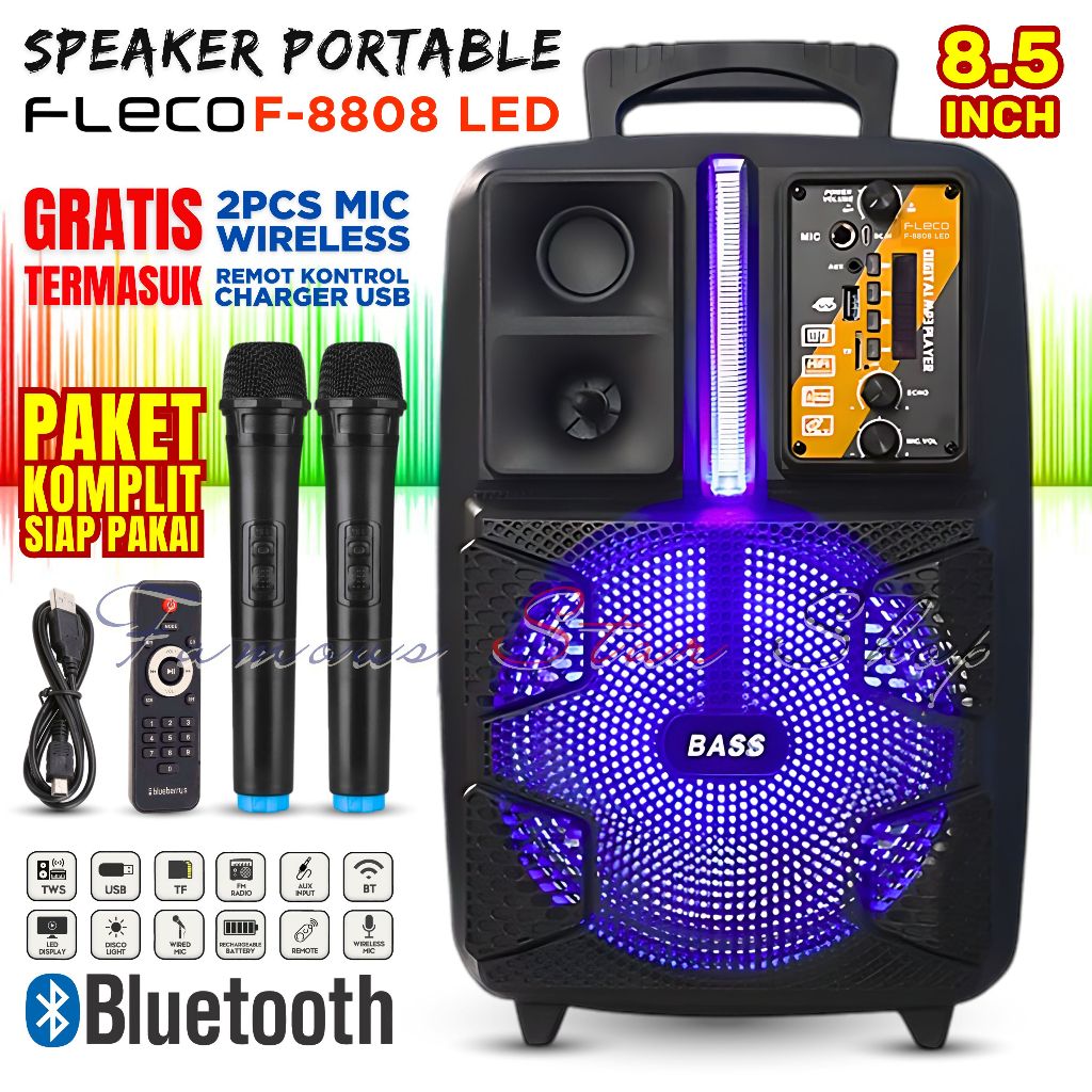 Salon bluetooth full bass komplit Fleco F-8808 LED GRATIS ( 2PC MIC TANPA KABEL + REMOT + CHARGER US