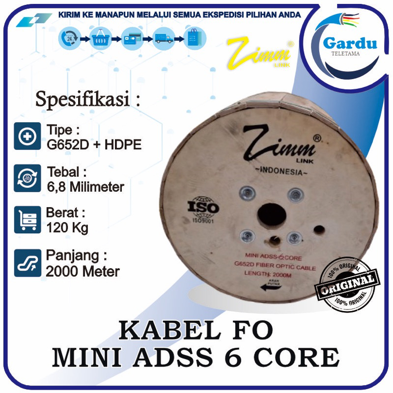 Kabel FO Mini ADSS 6 Core 1 Tube Zimmlink Panjang 2000M