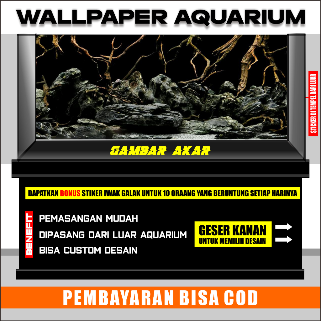 sticker skotlet wallpaper background hiasan aquarium akuarium belakang 3d aquaspace pemandangan akar